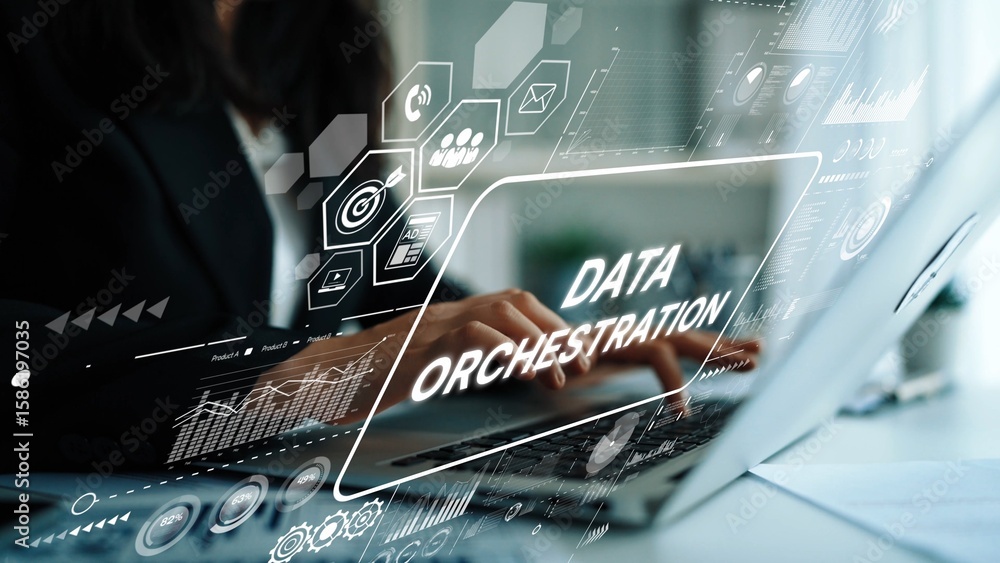 Poster business professional engaged in data orchestration with laptop in a modern office environment. asym