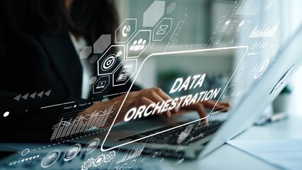 Business Professional Engaged in Data Orchestration with Laptop in a Modern Office Environment....
