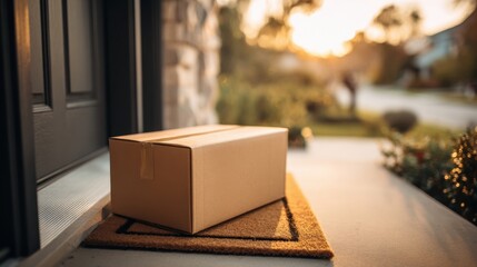 New cardboard delivery box on doorstep at sunset with outdoor residential scene.