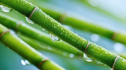 Close-up of vibrant green bamboo stalks with water droplets on natural background.