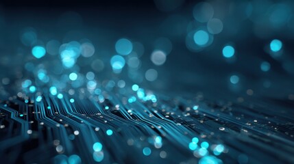 Close-up of glowing blue digital data circuits with bokeh effect and technological background.