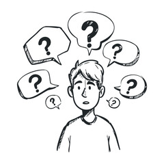 Confused young caucasian male with question marks in thought bubbles. Hand drawn vector illustration