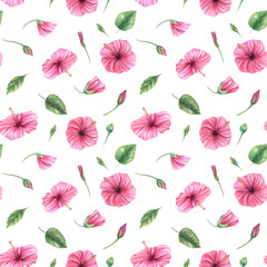 Fototapeta premium Watercolor pink Chinese rose flowers seamless pattern isolated on white background. Hand painted tropical hibiscus illustration for birthday gift decor, beauty packaging, summer romantic design.