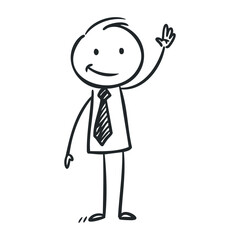 Smiling stick figure with tie waving hand drawing. Hand drawn vector illustration