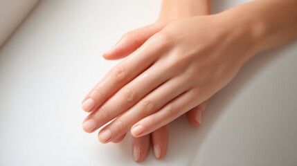 Fototapeta premium Close-up of Well-Groomed Female Hands with Smooth Skin and Neatly Trimmed Nails.