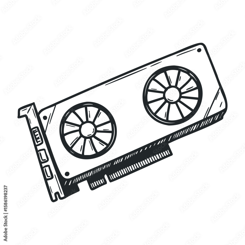 Fototapete simple black and white computer graphics card sketch with dual fans and pcie connector. hand drawn v