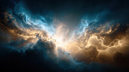 Dramatic storm cloudscape with luminous light rays piercing through dark clouds and vibrant weather atmosphere.