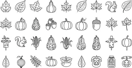 Vector art of a delightful collection of autumn icons showcases the essence of the fall season with pumpkins, leaves, and acorns, isolated on white background
