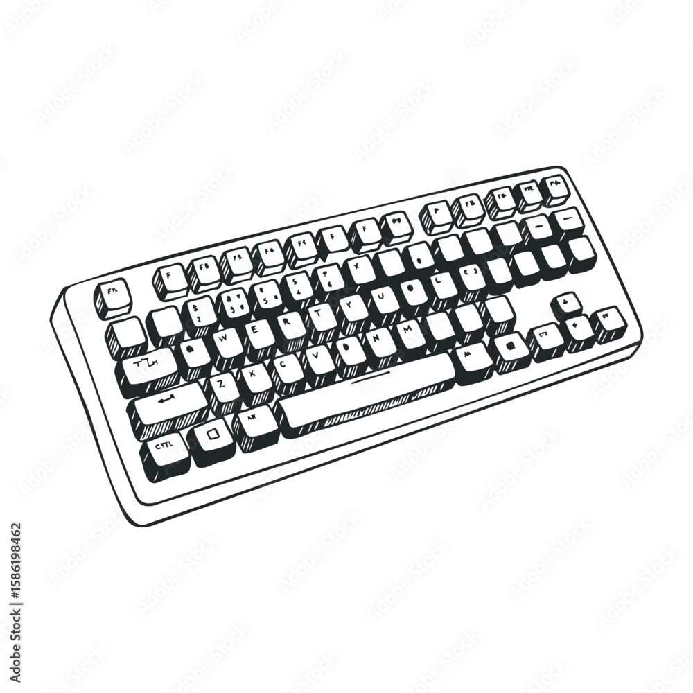 Aufkleber black and white computer keyboard sketch with cyrillic and latin keys. hand drawn vector illustratio