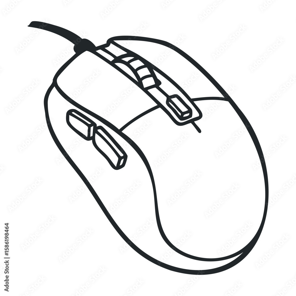 Poster black and white gaming mouse outline with wired connection and multiple buttons. hand drawn vector i