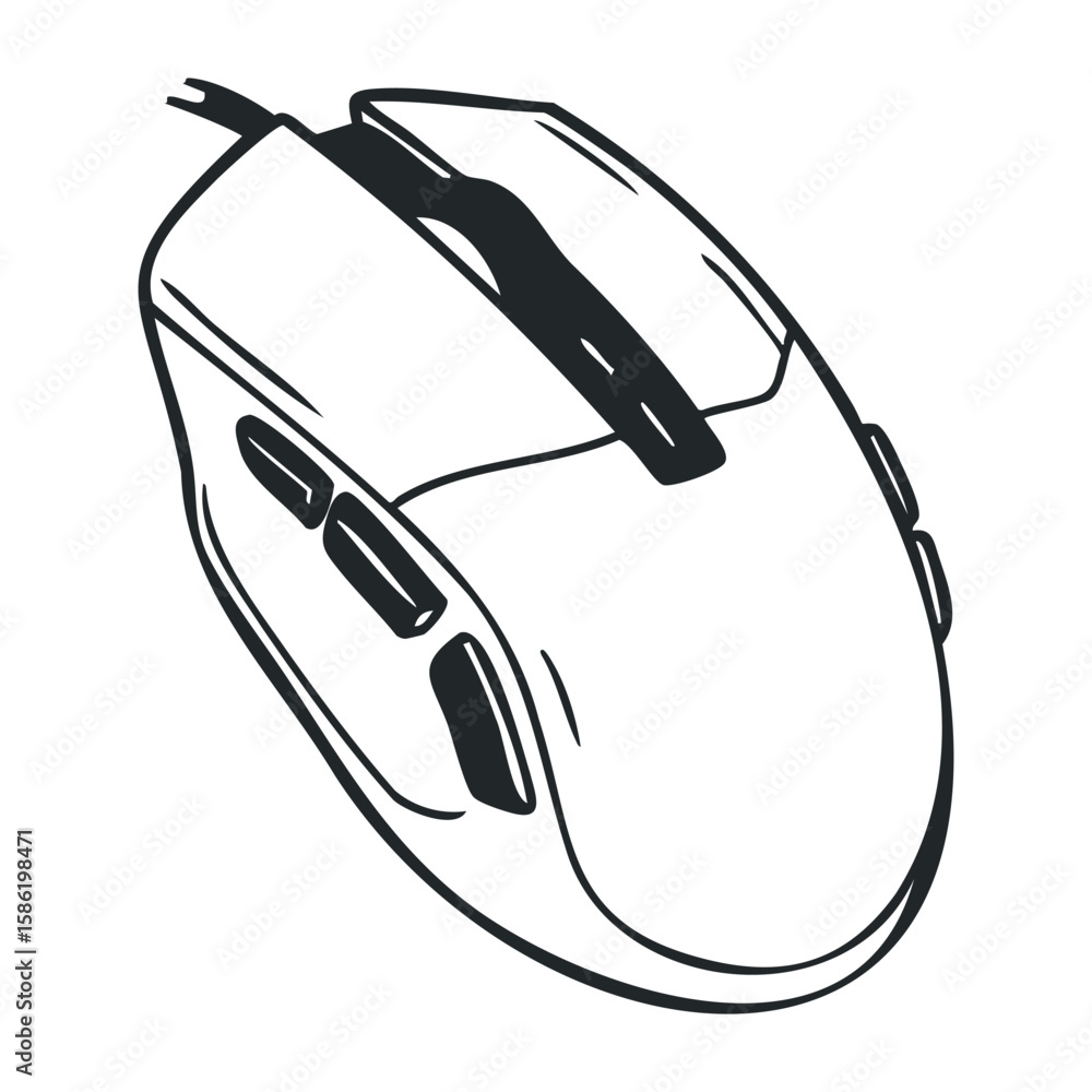 Fototapete black and white computer mouse illustration with scroll wheel and side buttons. hand drawn vector il