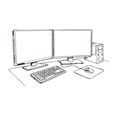Fototapeta premium Dual monitor desktop setup with keyboard and mouse in minimalist style. Hand drawn vector illustration