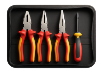 Electrician?s tool set with insulated handles in a zippered canvas case for electrical installations.
