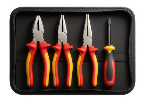 Electrician?s tool set with insulated handles in a zippered canvas case for electrical installations.