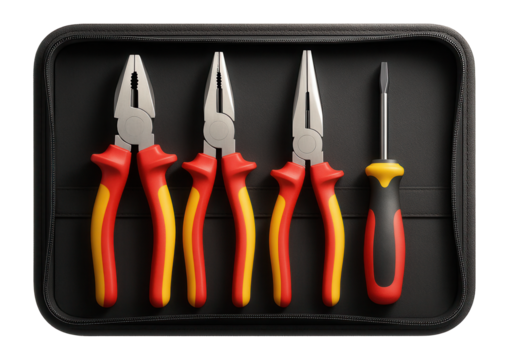 Electrician?s tool set with insulated handles in a zippered canvas case for electrical installations.
