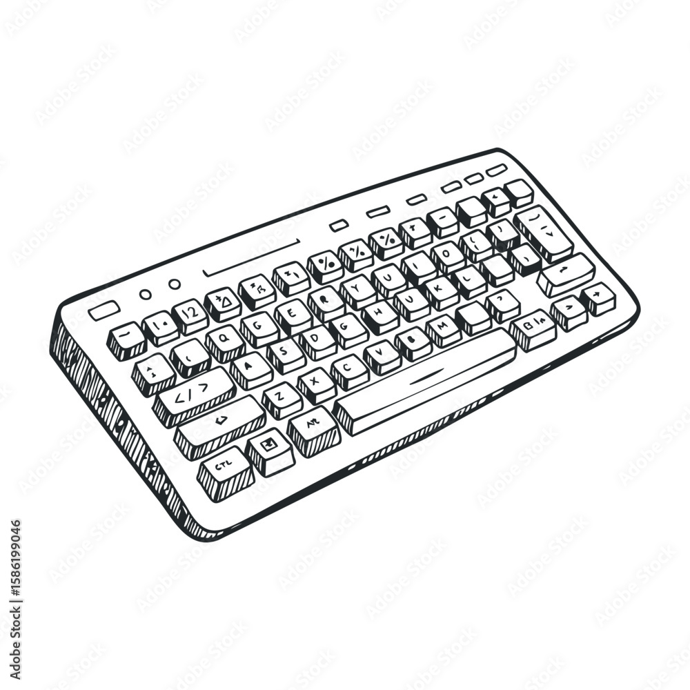 Aufkleber sketch of a computer keyboard with detailed keys and buttons in black and white. hand drawn vector i