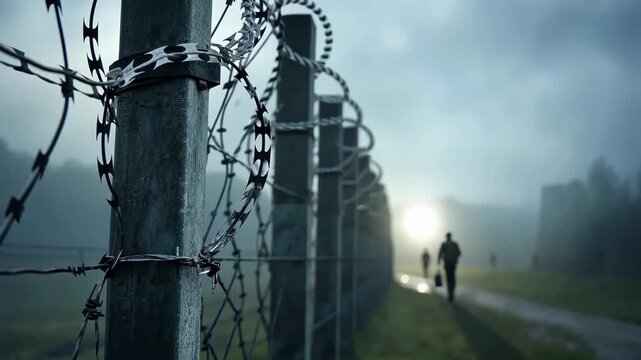 Border video: fence division, wire restriction, territory line, migration limit, exile zone, crossing denial, boundary symbol, captivity trace, emigration block, security emblem, refugee signal.