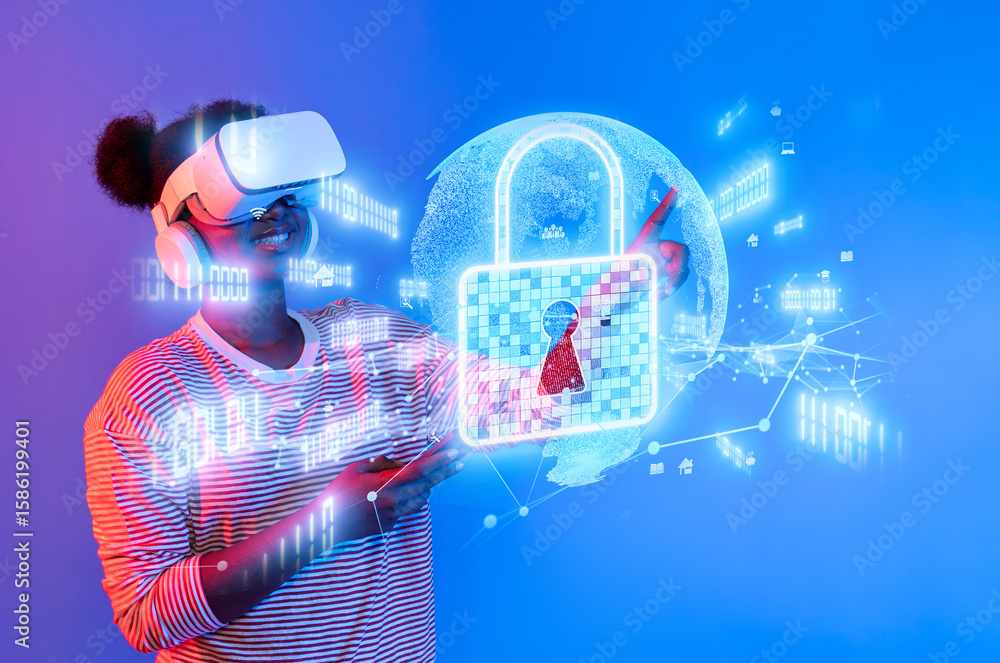 Poster a woman explores cyber security themes in a vivid virtual reality setting, interacting with data pro