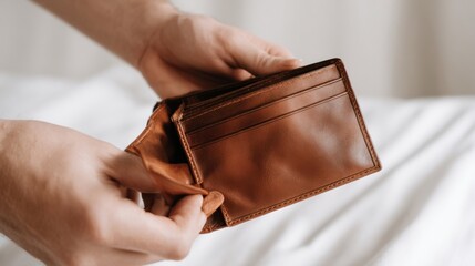 Close-up of a person's hands holding an empty brown leather wallet with multiple compartments.