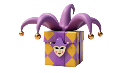 mischievous-looking gift box with a cartoonish jester face, isolated on a transparent png