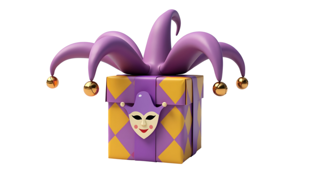 mischievous-looking gift box with a cartoonish jester face, isolated on a transparent png