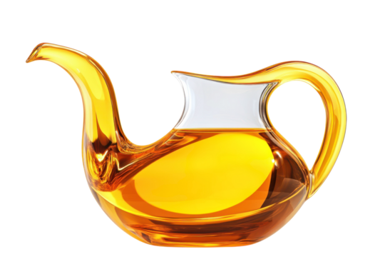 A mesmerizing clear glass pitcher brimming with golden honey or oil radiating warmth against on transparent background