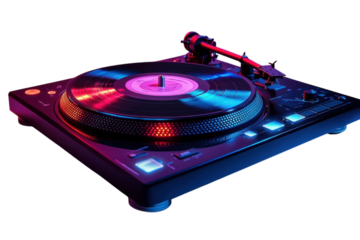 A sleek DJ turntable glows with retro vibes spinning music in a neon lit atmosphere with on transparent background