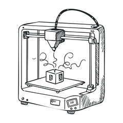 Monochrome sketch of 3d printer creating geometric object with minimalist design. Hand drawn vector illustration
