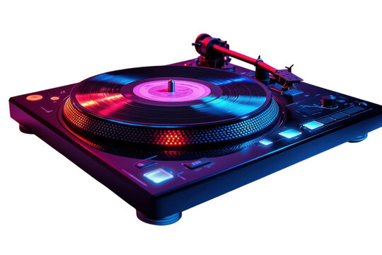 A sleek DJ turntable glows with retro vibes spinning music in a neon lit atmosphere with on transparent background