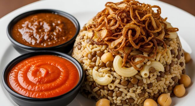 special delicious egyptian koshari meal with noodles, spaghetti and lentil