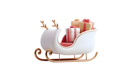 A cute 3D white Santa sleigh toy, with gift boxes inside