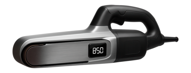 Belt sander with a digital display for monitoring speed settings in a high-tech workshop.