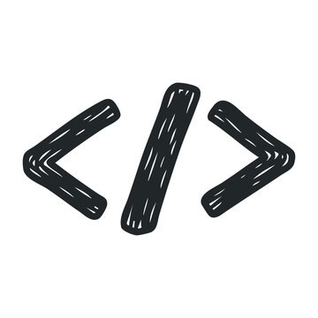 Hand-drawn coding bracket symbol for web development and programming design. Hand drawn vector illustration