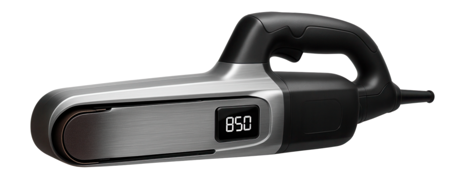 Belt sander with a digital display for monitoring speed settings in a high-tech workshop.