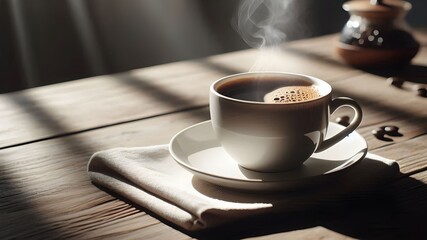 Dark brown coffee with a creamy sauce on a wooden table in a simple abstract background which sunlight fills the kitchen
