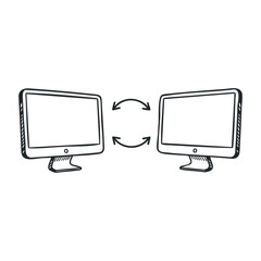 Computer monitor icon black and white sketch with arrows indicating data exchange. Hand drawn vector illustration