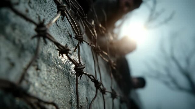 Border video: fence division, wire restriction, territory line, migration limit, exile zone, crossing denial, boundary symbol, captivity trace, emigration block, security emblem, refugee signal.