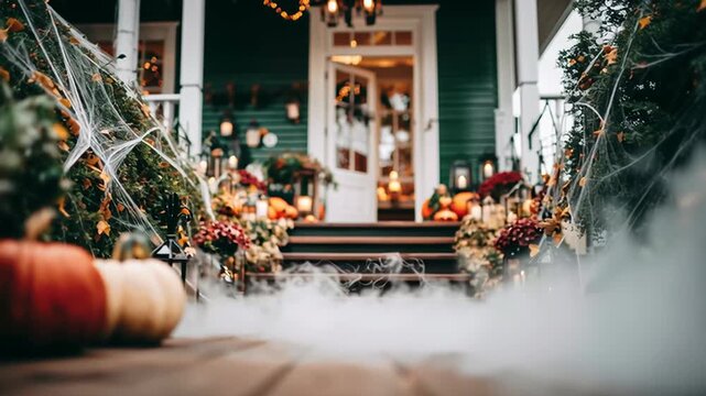 Festive Halloween house porch decor with pumpkins, fog, and string lights