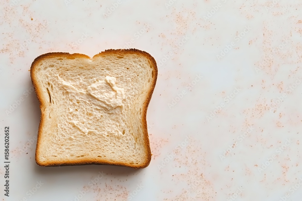 Poster single slice of fresh white bread with buttered surface on light textured background, top view with 