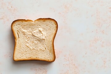 Single slice of fresh white bread with buttered surface on light textured background, top view with copy space for food and bakery designs.