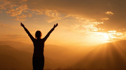 Person Raising Arms Amidst Scenic Sunset Over Mountain Landscape During Evening.