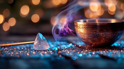 Mystical copper singing bowl with purple smoke and clear quartz crystal on dark surface with blue sparkles and golden bokeh lights in background.
