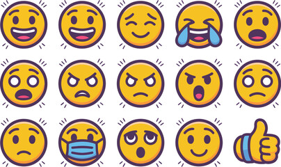 Collection of Diverse Emojis Showing Various Emotions and a Thumbs Up