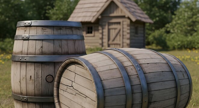 a wooden classic barrel in barn put on the hay in a barn in a rural farm feild with a barn in the background 