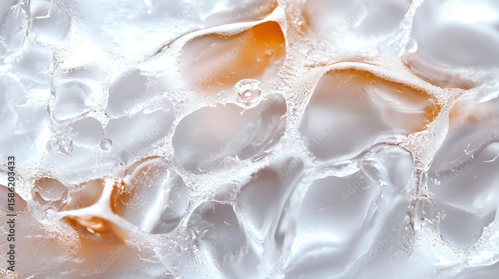 Poster macro shot of melting ice cubes with orange tinted liquid creating abstract patterns and textures, b
