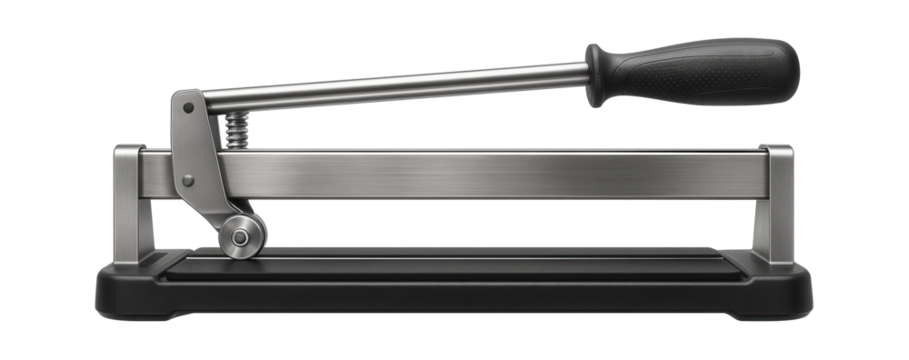 Portable tile cutter with a spring-loaded base and adjustable guide for a kitchen backsplash project.