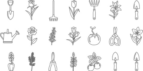 Vector art of a collection of gardening icons isolated on white background showcases various tools and plants, including shovels, roses, tulips, and watering cans