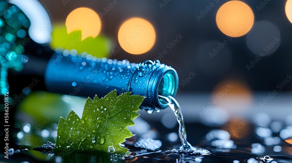 Aufkleber pouring wine with grape leaf and bokeh lights in dark background, water splash and droplets creating