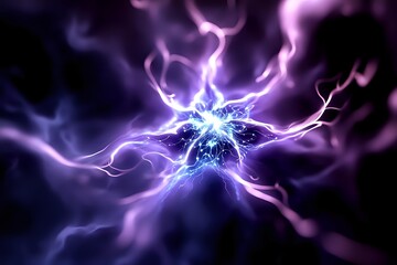 Glowing electric plasma discharge with purple and blue lightning bolts radiating from central point against dark background, creating dramatic energy effect.