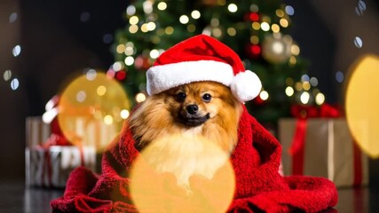 A festive Pomeranian pup in a Santa hat and red scarf, presents and a decorated tree in background with bokeh lights - Powered by Adobe